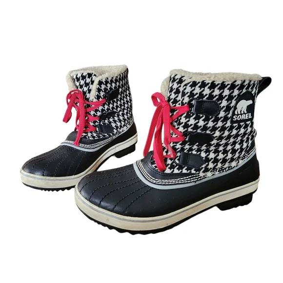 Sorel Tivoli Boots Women US 9 Black Cream Houndstooth Winter Lace-Up Waterproof - Picture 2 of 12